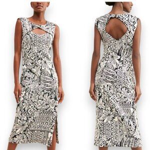 Anthropologie Jacquard Cut-Out Midi Dress Black White Floral Size Large